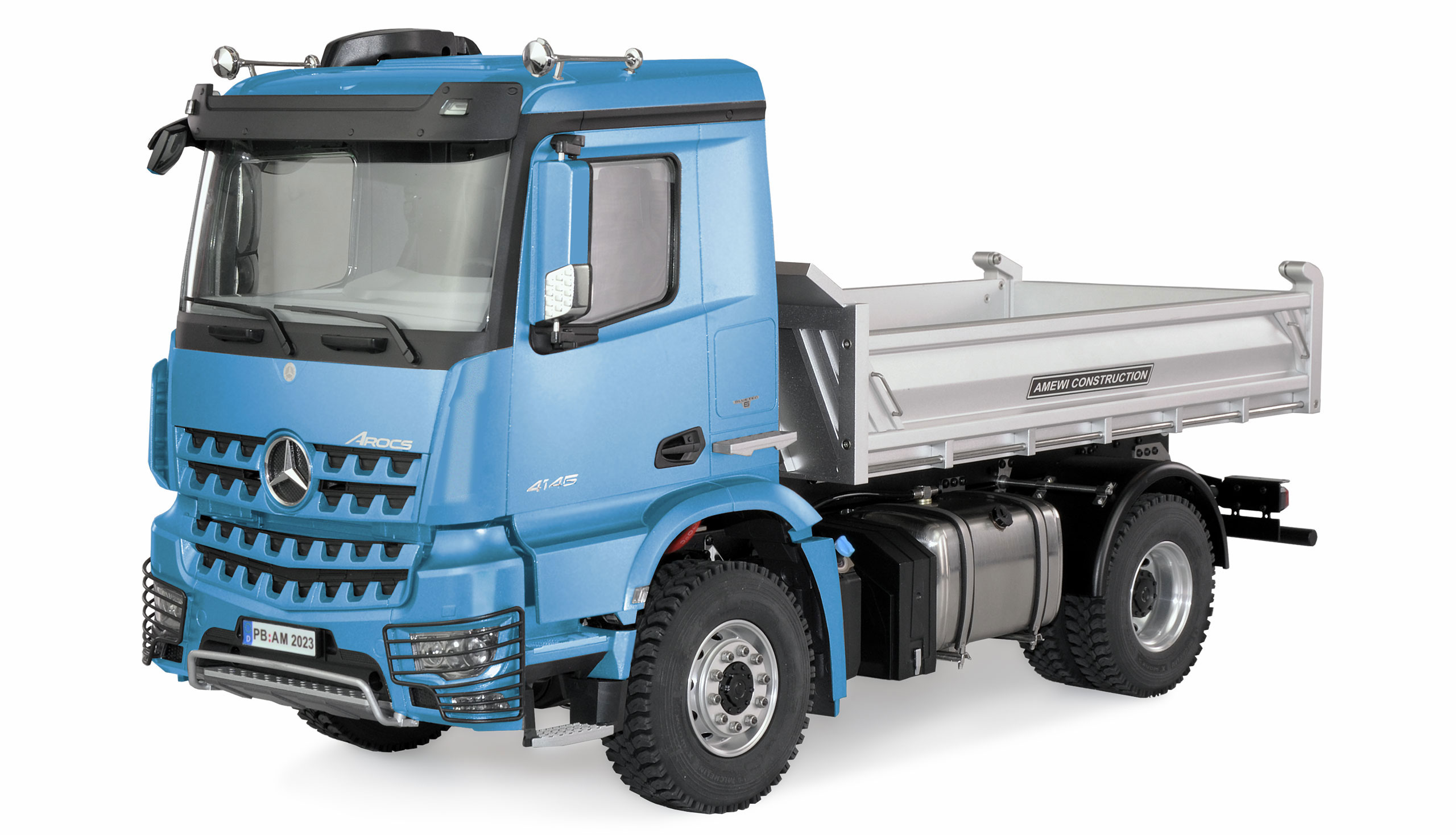 MERCEDES-BENZ AROCS HYDRAULICKÝ SKLÁPĚČ PRO 4X4 1:14 RTR SVĚTLE MODRÝ
