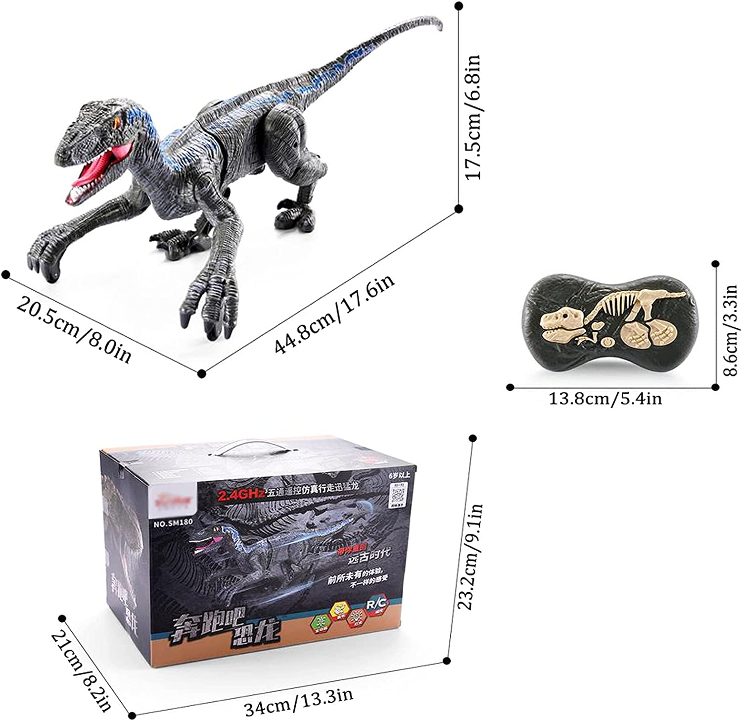 dinosaurus RC Velociraptor 2,4 GHz dálkově ovládaný dino šedý modrý