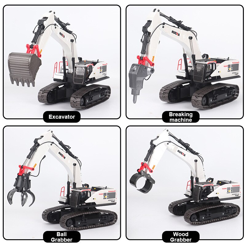 RC bagr Huina 1594 včetně drapáku na dřevo, bouracího kladiva, drapáku