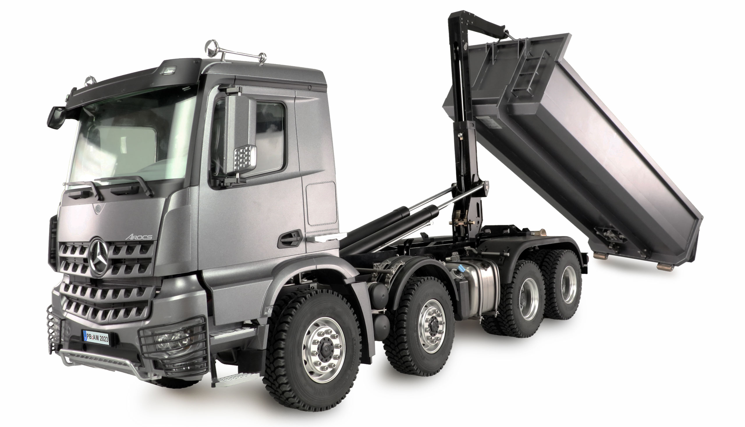 HYDRAULICKÝ SKLÁPĚČ KONTEJNER MERCEDES-BENZ AROCS PRO 8X8 1:14 RTR ŠEDÝ